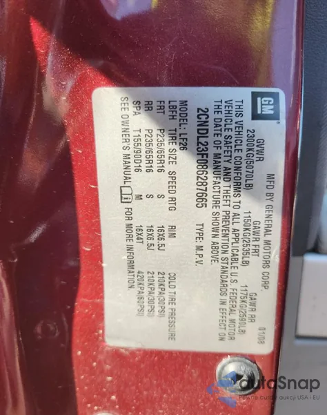 2008 Chevrolet Equinox Ls из США, поврежденный, VIN 2CNDL23F086287665